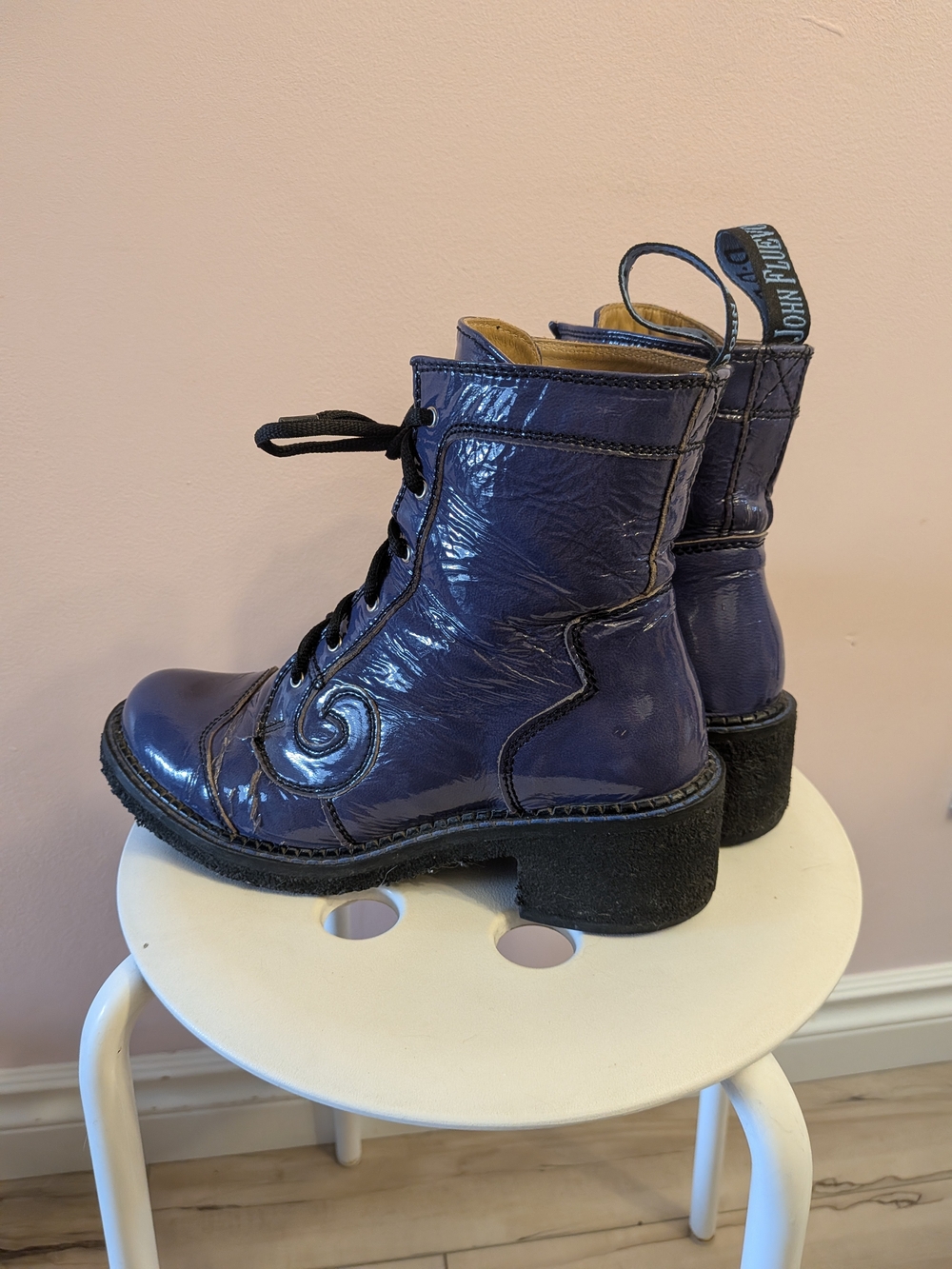 John Fluevog Blue 'Slacker Tardy Derby Boot' Patent Leather Lace-Up Ankle Boots